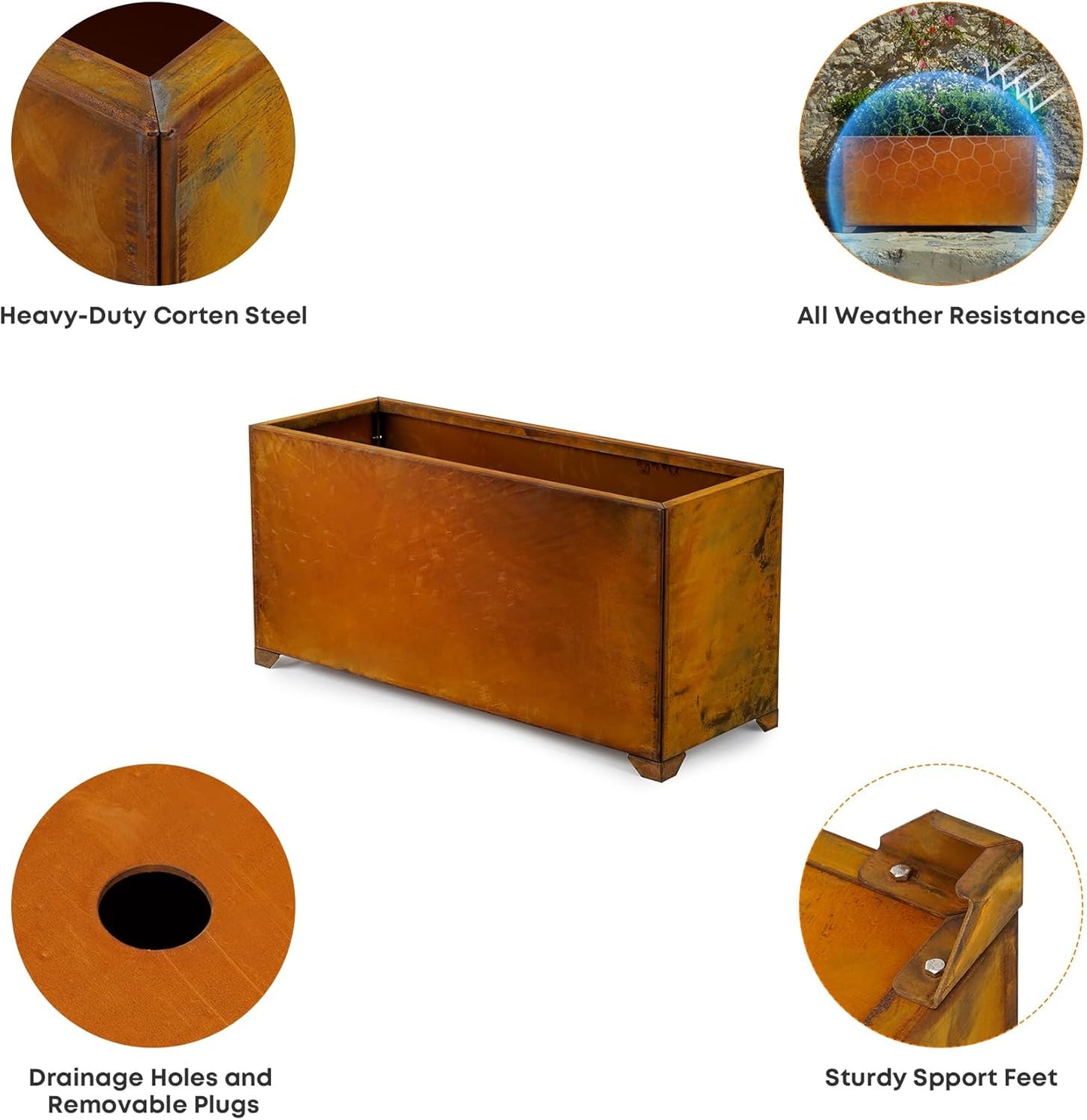 Stanbroil Corten Steel Planter Box for Outdoor Patio - 32 X10 X16 Inch Large Rectangular Metal Planter Box with Natural Rusty and Drainage Holes for Raising Flower, Plants