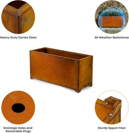 Stanbroil Corten Steel Planter Box for Outdoor Patio - 32 X10 X16 Inch Large Rectangular Metal Planter Box with Natural Rusty and Drainage Holes for Raising Flower, Plants