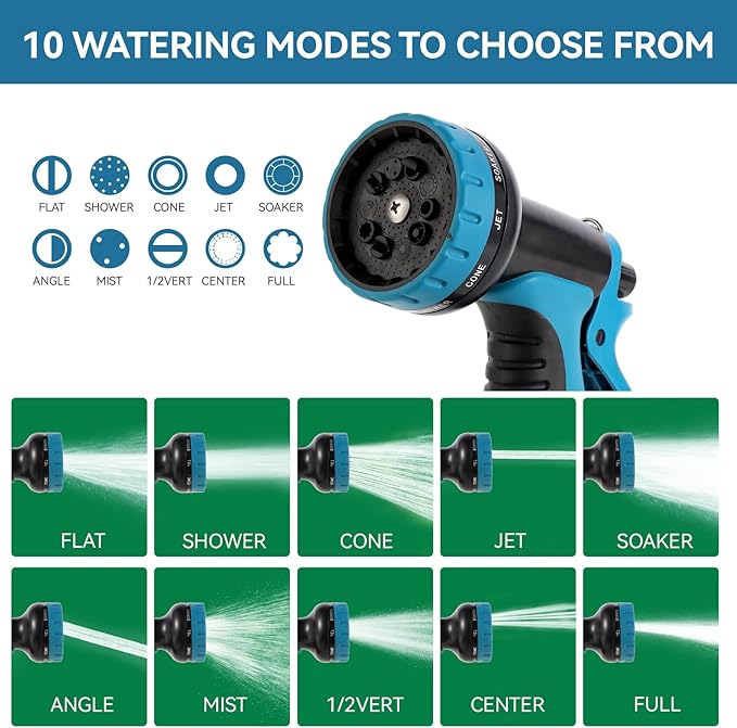 Garden Water Hose Nozzle ABS Water Spray Nozzle with 10 Spray Modes Suitable for Watering Plants, Iawns and Gardens, Car Washing, Cleaning, Showering Pets and Outdoor Fun, Blue