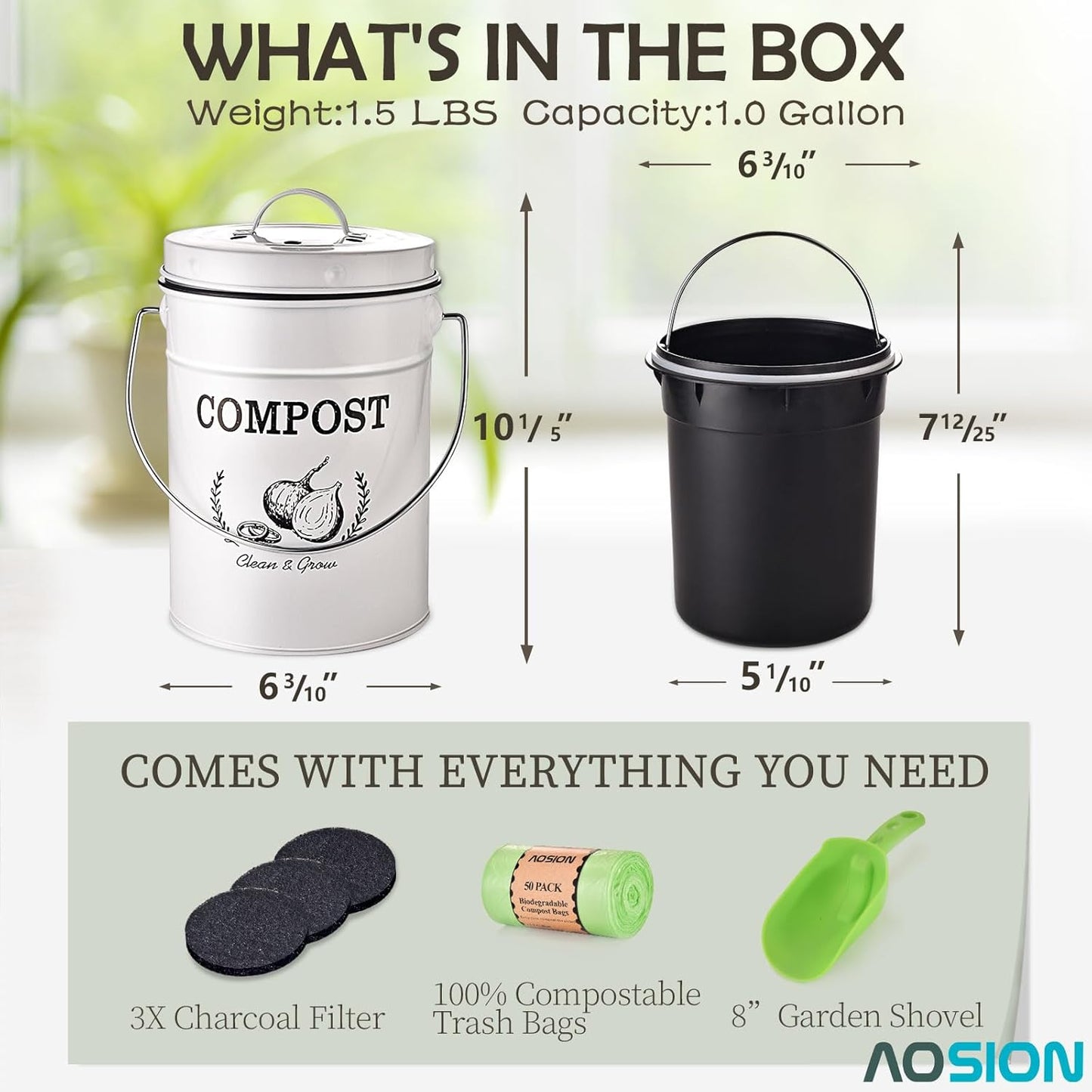 AOSION Countertop Compost Bin Kitchen,Odor Resistant Indoor Compost Bin with Lid and Compost Bags,Compost Bucket Composter Container for Food Waste,White