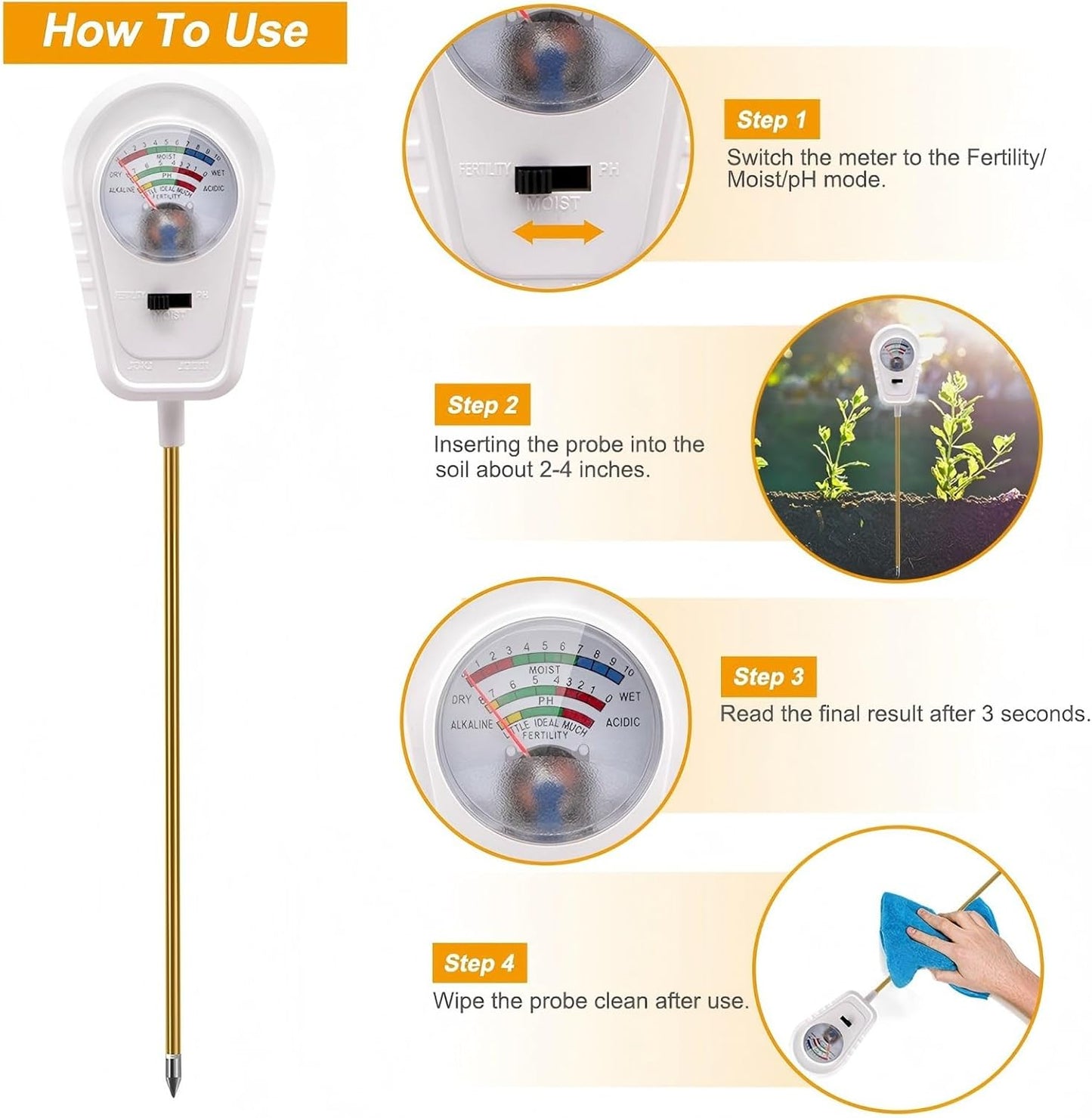 Soil Test Kit 3-in-1, Soil Moisture Meter, Soil PH Meter, Fertility Soil Tester, Soil Tester for Garden, Lawn, Farm, Outdoor & Indoor Use (Pearl White)
