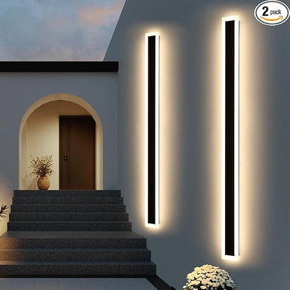 Upgrade Widened 2 Pack LED Outdoor Wall Lights, 71inch Modern Lighting Fixture, 3000K Warm White, IP65 Waterproof, 60W, White Acrylic, Black Minimalist Wall Mount Sconce for Balcony, Yard, Fence