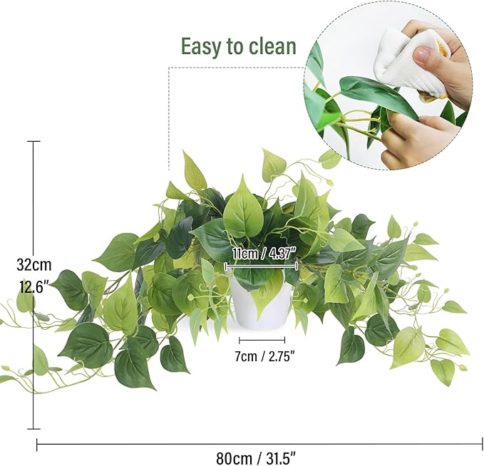 Tiita 2 Pack Fake Plants Artificial Scindapsus Aureus in Pots, Realistic Fake Greenery Potted Plants for Home Office Desk Window Sill Bathroom Bedroom Outdoor Indoor