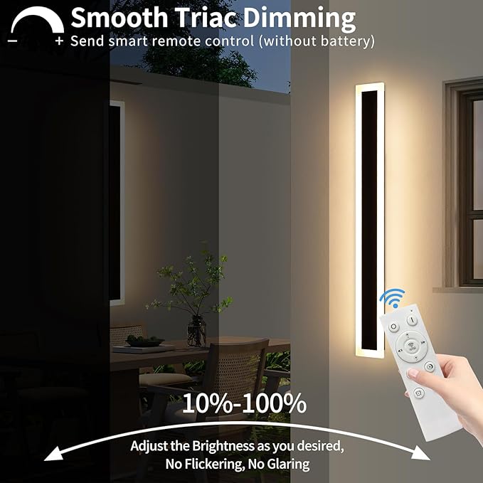 Upgrade Widened 2 Pack Modern Outdoor Wall Sconce, 47.2inch Dimmable Exterior LED Light Fixture 3000K-6000K, IP65 Waterproof, Black Wall Mounted Lamp for Balcony, Garden, Shop with Remote Control