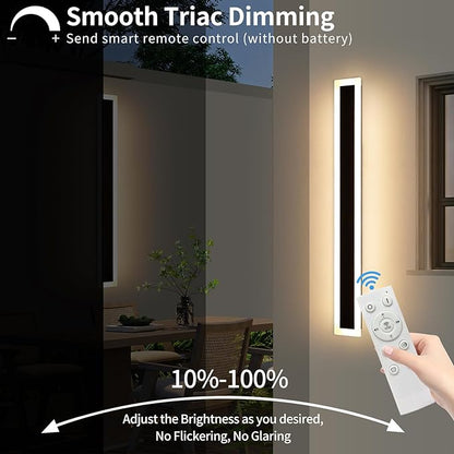 Upgrade Widened 2 Pack Modern Outdoor Wall Sconce, 47.2inch Dimmable Exterior LED Light Fixture 3000K-6000K, IP65 Waterproof, Black Wall Mounted Lamp for Balcony, Garden, Shop with Remote Control