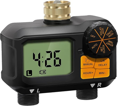 Water Timer for Garden Hose - 2 Zone Timed Sprinkler with Rain Delay/Manual Watering/Automatic Irrigation Programmable Faucet Timer for Yard Lawn