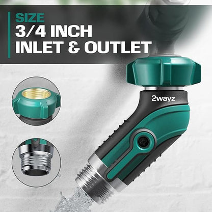 2WAYZ 45° Garden Hose Shut Off Valve - Heavy Duty Metal Elbow Connector with Shut Off Switch - No-Leak Water Hose Adapter for Outdoor Faucet Extension - 2x3x4 Inch (Black, Green)
