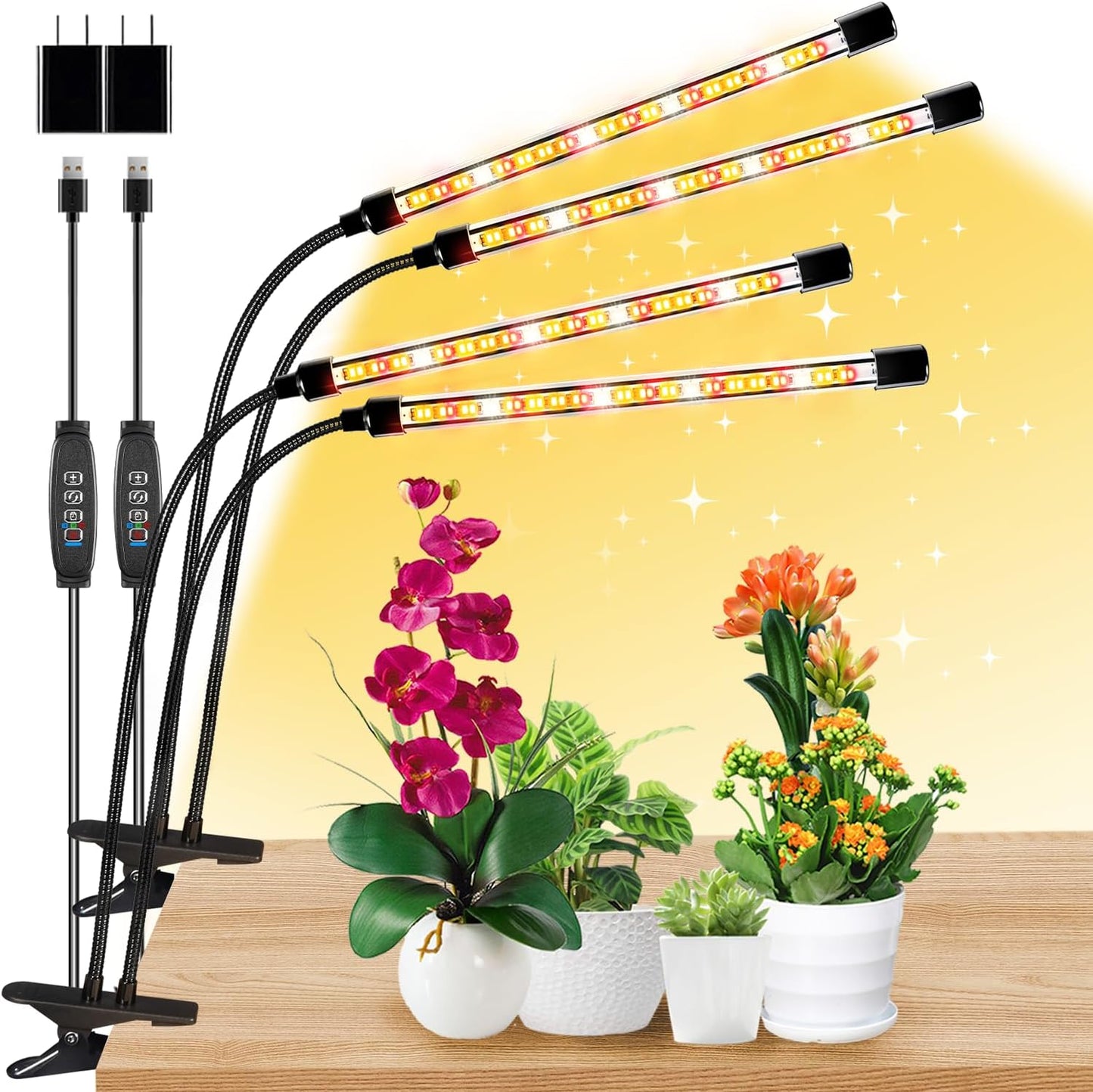 Full Spectrum Grow Light for Indoor Plants, Dual Heads Grow Lights with 10 Dimmable Levels & 3 Timer Modes (3/9/12H), Adjustable 360° Gooseneck for Plants Indoor Growing(2 Pack)