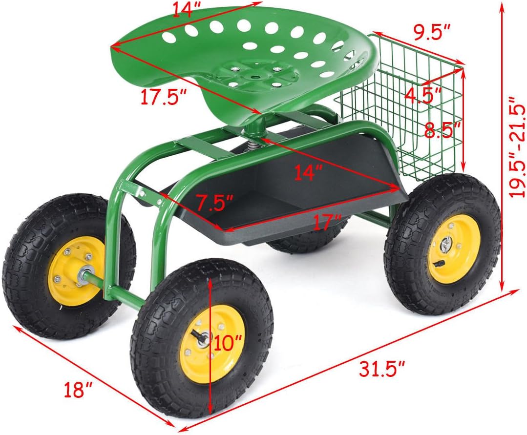 Giantex Rolling Garden Work Seat, 360 Swivel Gardening Workseat with Wheels, Tool Basket, Adjustable Height, Outdoor Scooter for Sitting, Gardening Stool Chair for Planting Trimming, Green