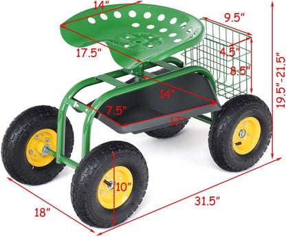 Giantex Rolling Garden Work Seat, 360 Swivel Gardening Workseat with Wheels, Tool Basket, Adjustable Height, Outdoor Scooter for Sitting, Gardening Stool Chair for Planting Trimming, Green