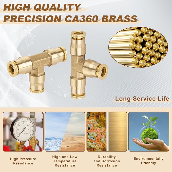 1/4" Quick Push to Connect Fittings Brass Union Tee Shaped Joint DOT Approved 1/4 Inch OD 3 Way Tube Air Line Adapter Air Spring Suspension Kit for Car Truck Trailers and Air Brake System 5pcs