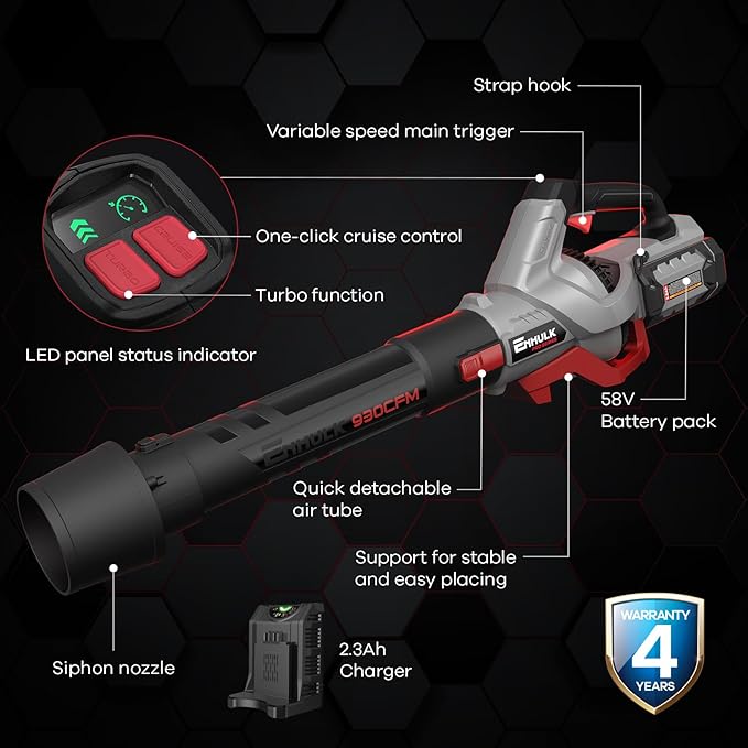 58V 930CFM Max Leaf Blower Cordless, Brushless Motor, Cruise Control, Turbo Variable-Speeds, CoolBlast Tech, 5.0AH Battery and Charger Included