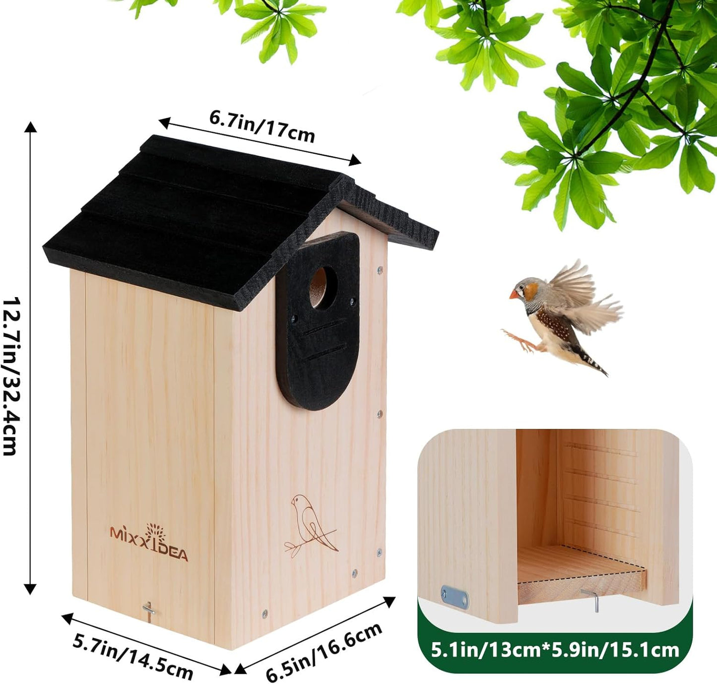 MIXXIDEA 12.7" Large Bird House for Outside, Cedar Bluebird Houses, No Assembly Required, Sturdy Nesting Bird Box for Bluebird Chickadee Wren Swallow Finch (Pack of 1)