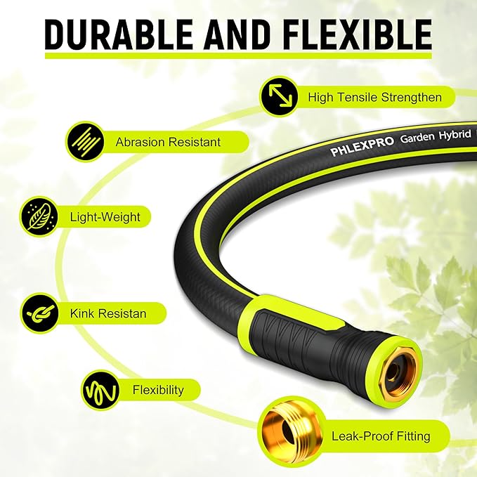 Garden Hose 3FT - PHLEX PRO Water Hose Heavy Duty Premium 5/8'' Rubber 3-Layer, Innovation Flexible Hybrid Lightweight Water Hose, Full Brass Male to Female Fittings
