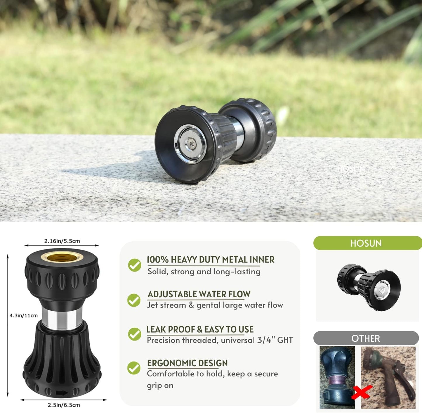 HOSUN Fire Hose Nozzle for Garden Hose, Heavy Duty Fireman Style Garden Hose Nozzles, Leak Proof & Adjustable Water Nozzle High Pressure, Best for Watering Plant & Lawn, Washing Car & Pet (Black)