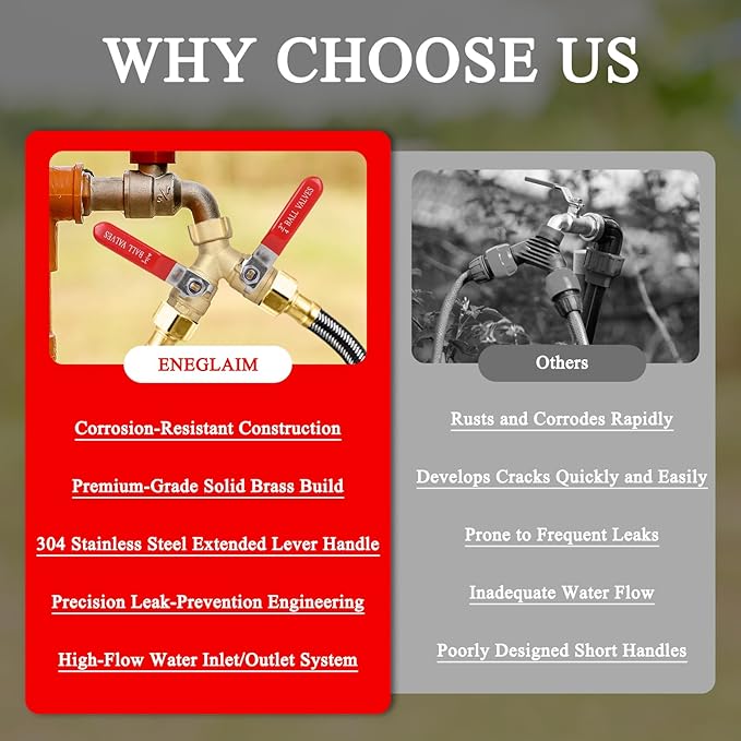 Hose Splitter 2 Way Brass Garden Hose Splitter with Stainless Steel Long Handle Y Valve Water Hose Adapter 3/4" GHT Thread