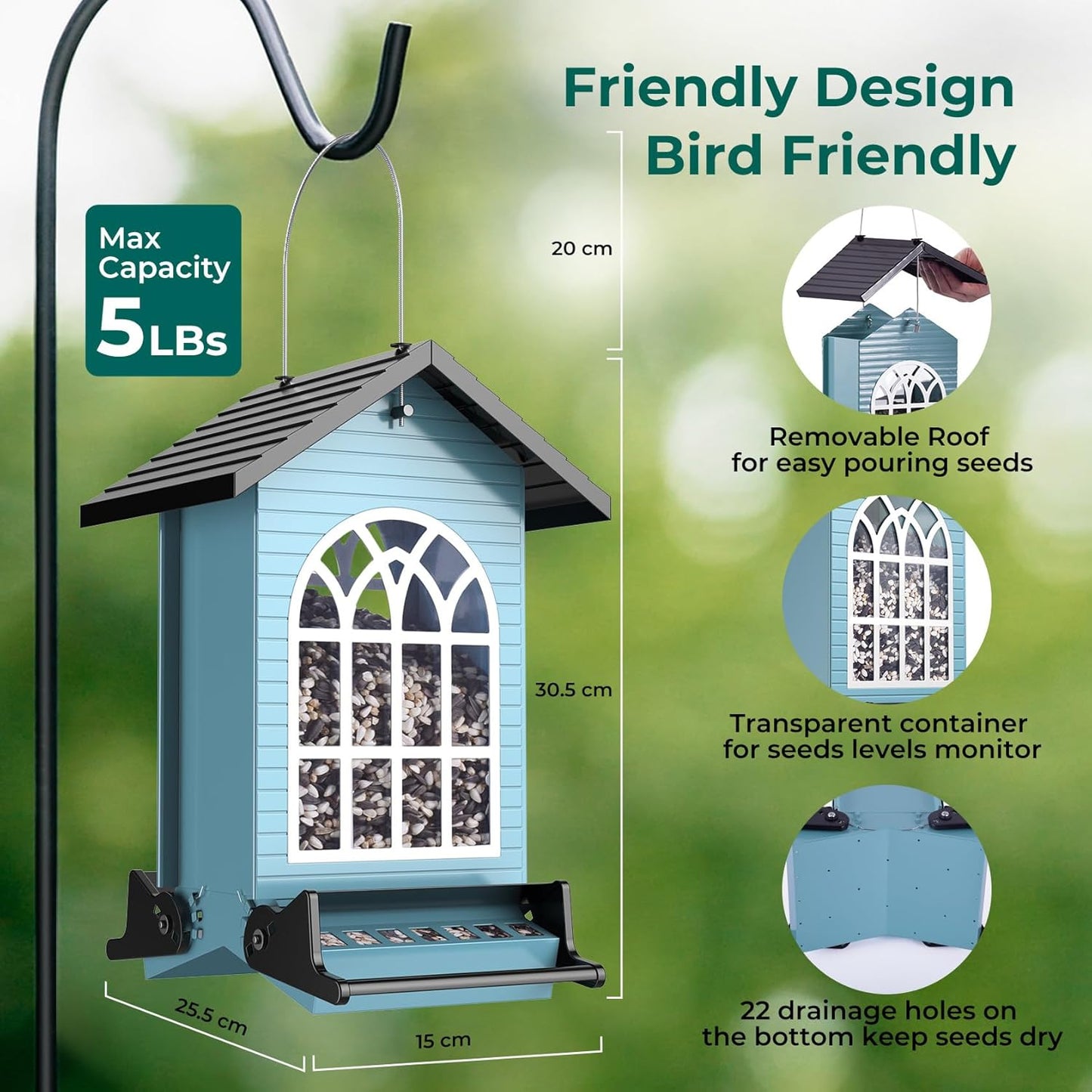 Squirrel Proof Bird Feeders for Outdoors Hanging, 5LBS Large Capacity, Metal Wild Seed Feeder with Bilateral Weight-Activated Perches, Anti Squirrel Birdfeeder for Outside Finch, Cardinal- Blue