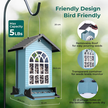 Squirrel Proof Bird Feeders for Outdoors Hanging, 5LBS Large Capacity, Metal Wild Seed Feeder with Bilateral Weight-Activated Perches, Anti Squirrel Birdfeeder for Outside Finch, Cardinal- Blue