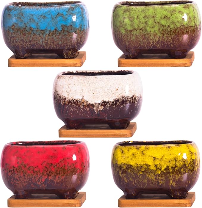 ARTKETTY Succulent Pots - 4.7 Inch Ceramic Succulent Planters Pots with Drainage Set of 5, Rectangular Bonsai Pots with Bamboo Trays Small Pots for Indoor Cactus Flower Plants for Home Office Decor