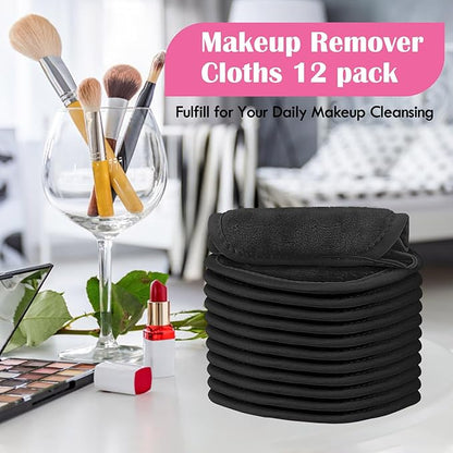 Orighty Makeup Remover Cloths 12 Pack, Makeup Removal Face Cleansing Cloth, Reusable Make-up Remover Pads Remove Instantly Dirt with Just Water, 5 x 5 in (Black)