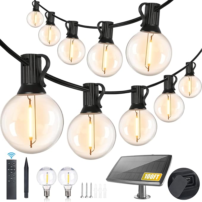 100FT Solar String Lights Outdoor Waterproof with Remote, G40 Solar Powered String Lights with 30+2 LED Shatterproof Bulbs, Dimmable Solar Patio Hanging Lights for Outside Backyard Party