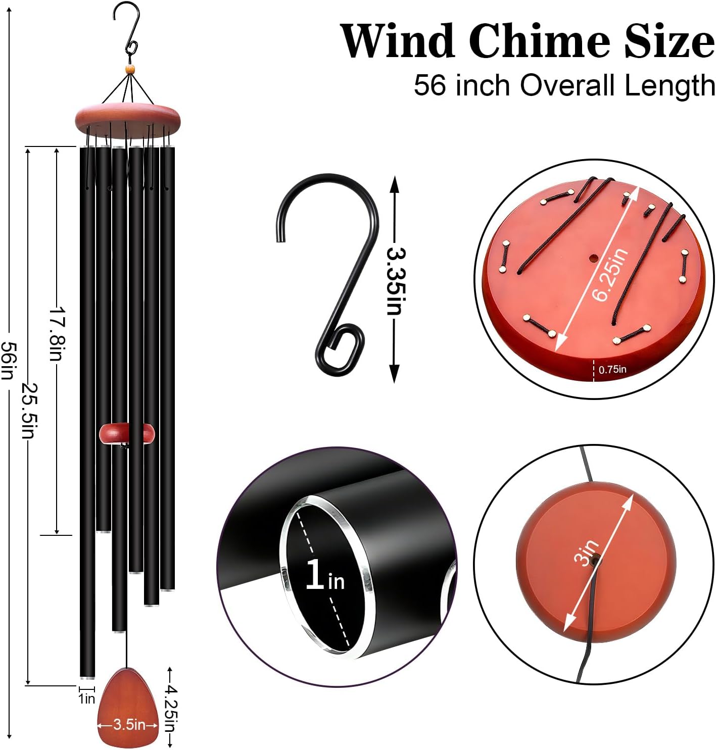 Large Wind Chimes for Outside Deep Tone, Soothing Melodic Memorial Sympathy Wind Chime, Suitable Outdoor Garden Decor, Gift for Mom Women Neighbors (Black Wind Chime -56 in)