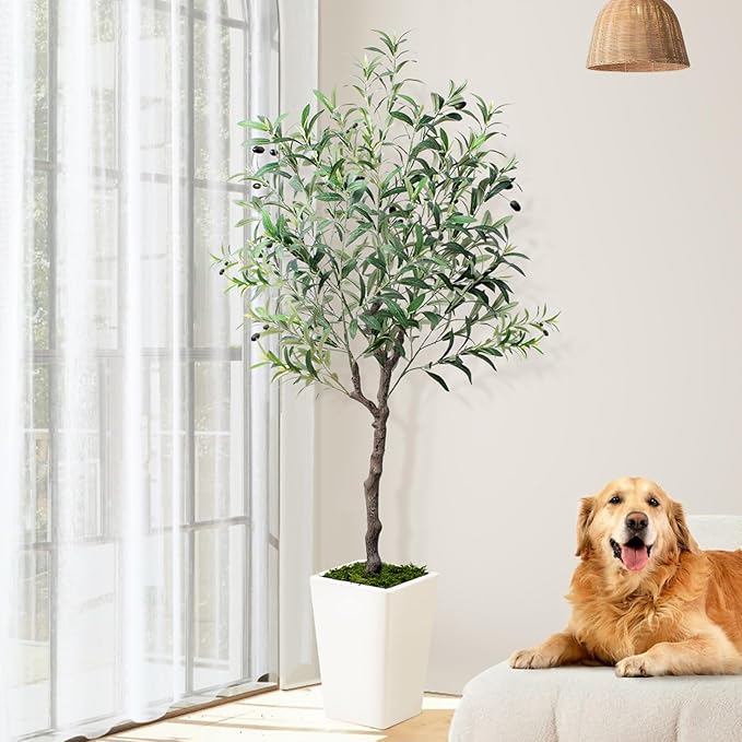 Olive Trees Artificial Indoor 5ft, Tall Faux Silk Plant with Pot, Realistic Leaves and Natural Wood Trunk Fake Trees with Lifelike Fruits for Home Office Decor Bedroom Livingroom Entryway Housewarming