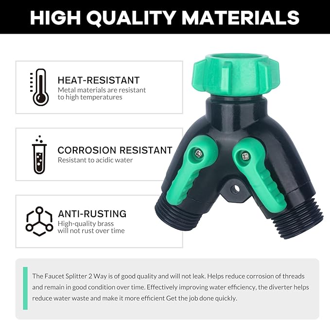 Garden Hose Splitter 2 Way Heavy Duty Plastic, for 3/4" Water Hose Splitter, Hose Y Splitter with Shutoff, Comfortable Grip, Easy Installation, with 4 Extra Leakproof Rubber Washers 2 Tape