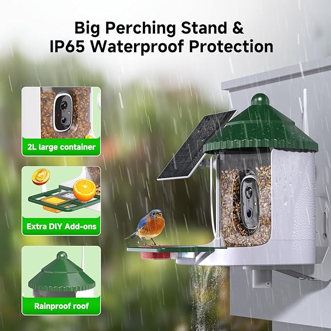 Bird Feeder with Camera AI Identify 2K Live Video Smart Bird Feeder with Camera, 2.4GHZ WiFi Solar Birds House Cameras, Motion Detection Instant Arrival Alerts, Ideal Present for Birds Lovers