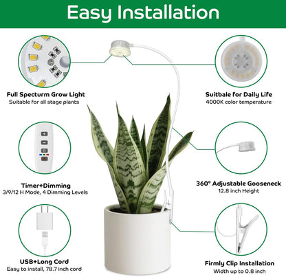 LED Grow Light for Indoor Plants, Full Spectrum Clip On Plant Growing Lamp, Plant Lamp with Adjustable Gooseneck and 10 Level Brightness Dimmable 3/9/12 hrs Auto On/Off Timer (2 Packs)