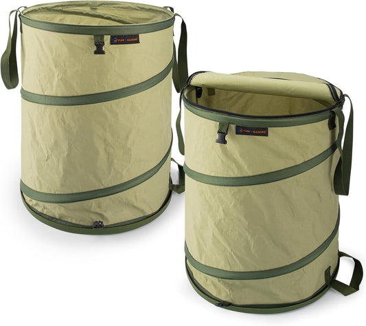 YUDI & GARDEN 29 Gallon Hard Bottom Collapsible Trash Can｜Collapsible Garden Bag｜Camping Trash Can, for Collecting Weeds or Yard and Party Waste, Green 2-Pack