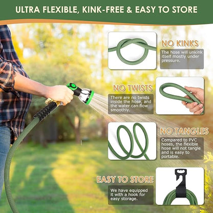Non-Expandable Garden Hose 75 ft, Ultra Lightweight Flexible Water Hose with 10-Pattern Nozzle, Leak-Proof, High-Density Fabric, Thickened Connector, Shut-Off Valve for Yard, Lawn, Outdoor