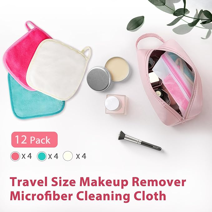 Makeup Remover Cloth, 6" x 6" Make Up Towels Reusable Face Cloth for Washing Face, Makeup Remover Pads Microfiber Face Washcloth with Mesh Bag, Just Water, 12 Pack