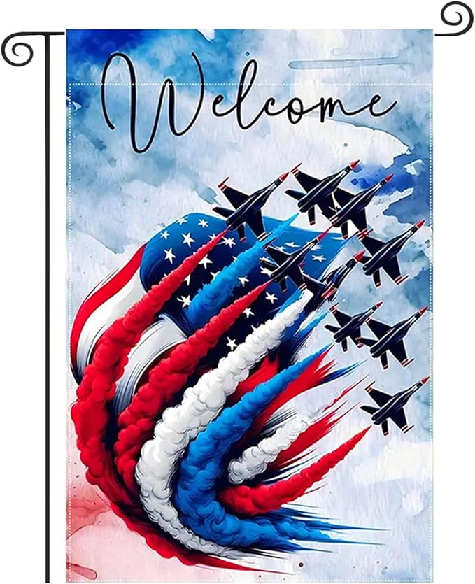 Patriotic Garden Flag 12x18 Inch Double Sided Outside, USA 4th of July Memorial Day Independence Day Watercolor Yard Outdoor Decoration(Fighter jet)