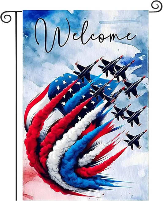 Patriotic Garden Flag 12x18 Inch Double Sided Outside, USA 4th of July Memorial Day Independence Day Watercolor Yard Outdoor Decoration(Fighter jet)