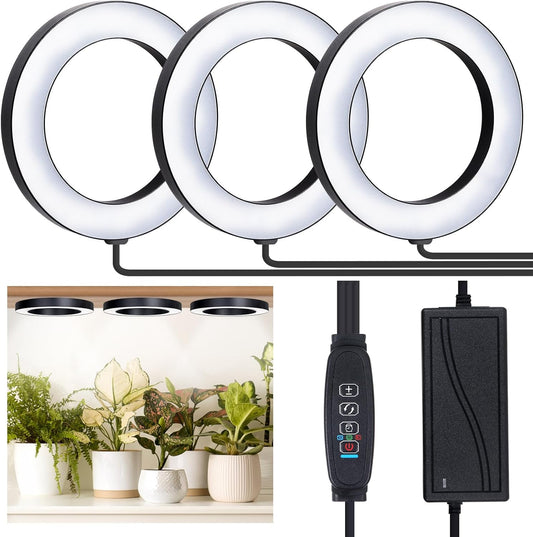 Full Spectrum Grow Light for Indoor Plants, 216 LEDs Halo Plant Light with Auto On/Off Timer (4/8/12H), 10-Level Brightness, 3 Lighting Modes, for Small Plants & Seedlings (Black, Tri Head)