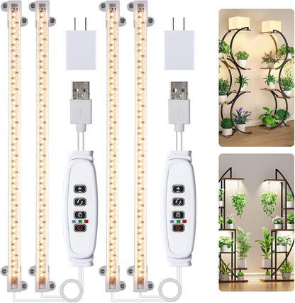 Two Strip Growing Lamp for Indoor Plants, 3500K Full Spectrum LED Grow Light Strips with Auto ON/Off 3/9/12H Timer & 10 Dimmable Levels for Green House Succulent (2 Headx2 Pack)