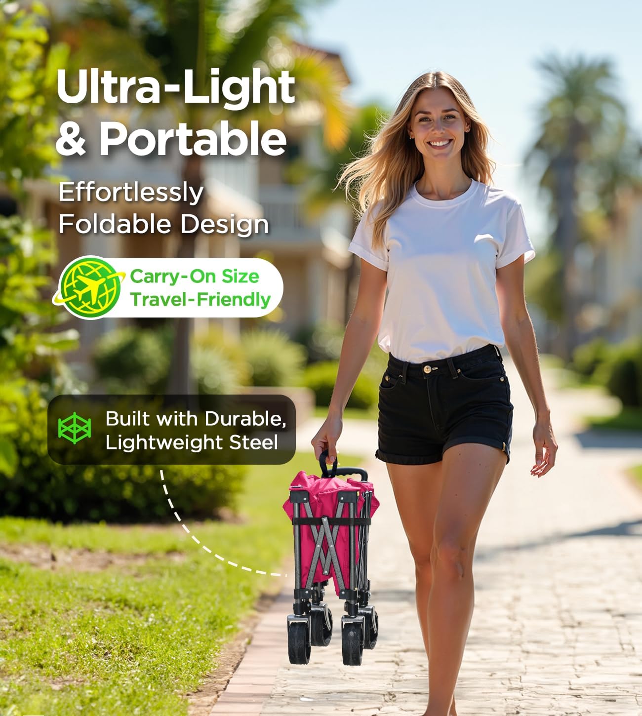 Beach Wagon,Collapsible-Wagon 220lbs with Big Wheels FoldableWagon Carts,Portable Utility for Garden Grocery Sports Camping All Terrain-Pink