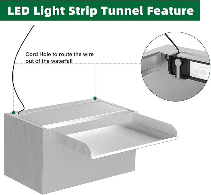 Waterfall Pool Fountain LONGRUNNEW 304 Stainless Steel 9.06" Rectangular Waterfall Spillway, Water Fall Fountain with Pipe Connector for Garden Outdoor, Swimming Pools, Fountains, Pond and Spa