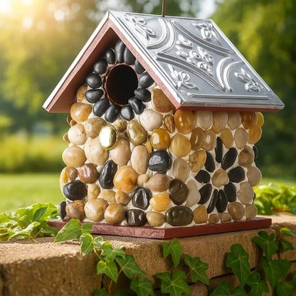 Masterpiece Bluebird Bird House for Outside Clearance, Cedar Bird House Bird Feeder for Outdoor, Stone Villa, Hanging Birdhouse for Outside,Pole Mountable, 10 Years Longtime Lasting (Red)