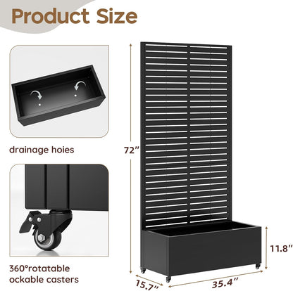 Metal Raised Garden Bed with Trellis & Wheels,72" x 35"x 15.7" Planter Box with Trellis,Privacy Planters for Patio,Garden Bed for Climbing Plants,Suitable for Climbing Plants and Vegetables,Black