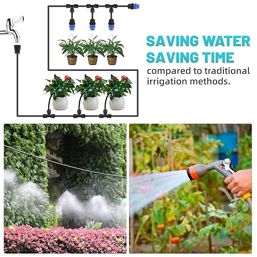 230FT Drip Irrigation System, Quick Connector Automatic Garden Watering System with Adjustable Misting Nozzle Sprinkler, 1/4 inch Blank Distribution Tubing Watering Drip Kit for Greenhouse Patio Lawn