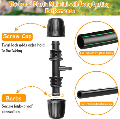 Drip Irrigation Fittings for 1/2 Inch to 1/4 Inch Tubing Reducing Tee：1/2" (1/2" ID x 0.65" OD) to 1/4" Drip Line Anti-drop Locked Nut Barbed Reducer Tee Connectors (12 Pack)