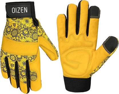 Cowhide Leather Thorn Proof & Puncture Resistant Gardening Gloves for Women and Men, Touchscreen Compatible Working Gloves for Weeding, Digging, Planting, Gardening Gifts for Women (Size Medium)