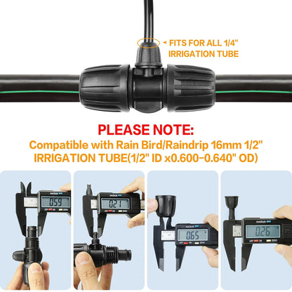 Drip Irrigation Fittings Kit for 1/2 Inch Tubing：1/2'' Drip Line Anti-drop Barbed Locked Nut Connectors 19 Pieces Set Include 3 Couplings 4 Tees 2 Elbows 2 Valves 5 Reducing Tee 3 Plugs
