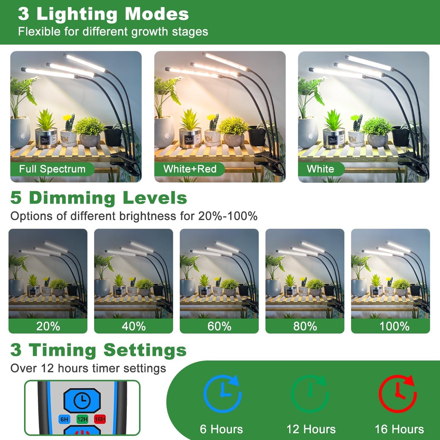 wolezek Grow Lights for Indoor Plants Full Spectrum, 6000K 3 Head Plant Lights Indoor, LED White Plant Grow Lamp with Clip, Auto ON & Off Timer 6/12/16H, 3 Light Modes, 5 Level Dimmable Brightness