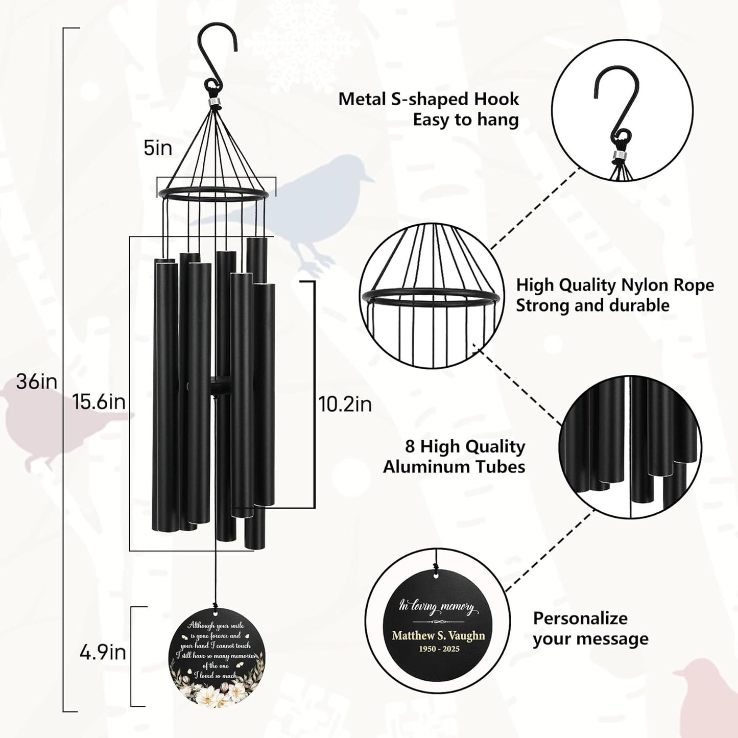 Personalized 36" Memorial Wind Chimes, Bereavement Gift to Honor a Loved One's Remembrance, Sympathy Gift for Loss of Mother Father Husband, for Outdoor Garden