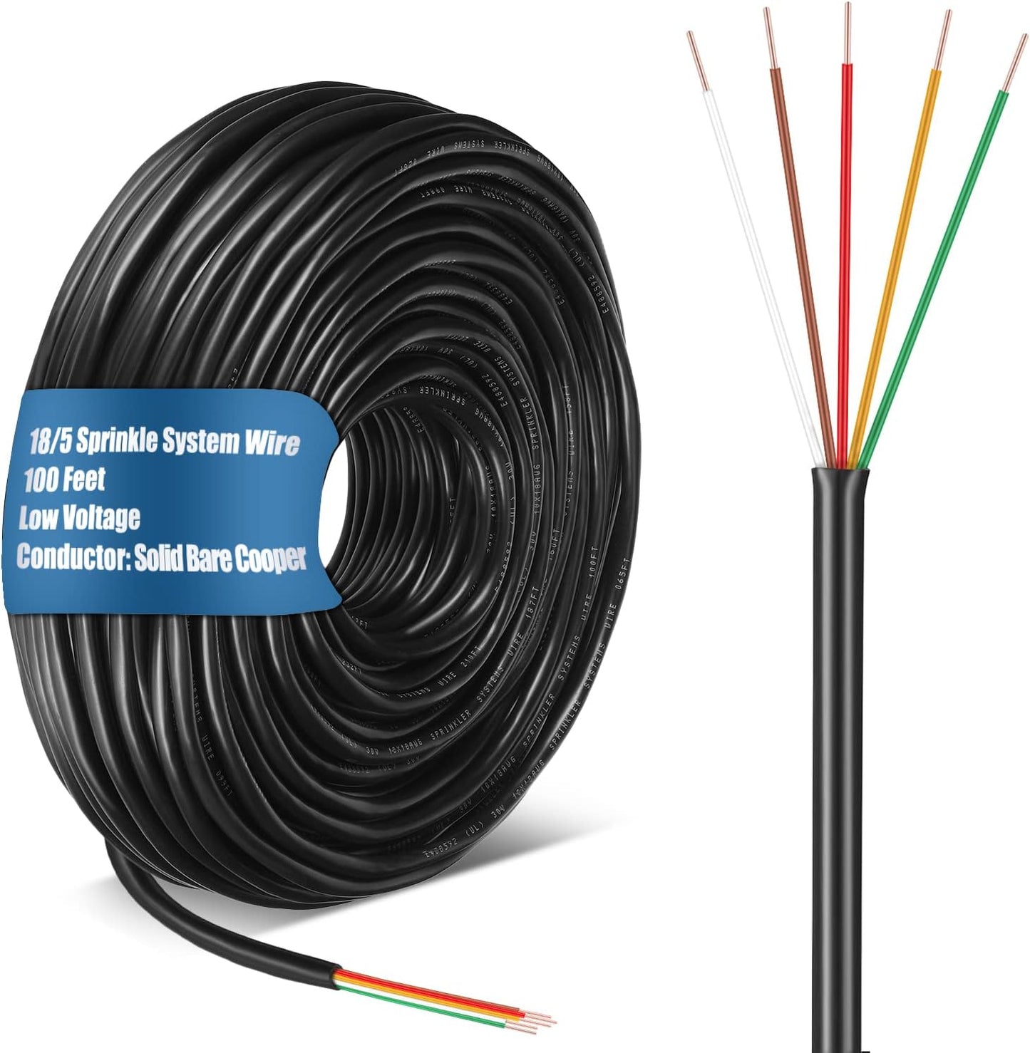 Hoolerry Solid Sprinkler System Wire 18 Gauge Irrigation Wire with UV Resistant PVC Jacket Sprinkler Cable for Underground Irrigation Field Central Control System 30v Ul Listed(18/5, 100 Ft)