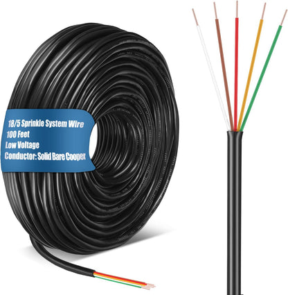 Hoolerry Solid Sprinkler System Wire 18 Gauge Irrigation Wire with UV Resistant PVC Jacket Sprinkler Cable for Underground Irrigation Field Central Control System 30v Ul Listed(18/5, 100 Ft)