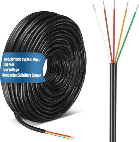 Hoolerry Solid Sprinkler System Wire 18 Gauge Irrigation Wire with UV Resistant PVC Jacket Sprinkler Cable for Underground Irrigation Field Central Control System 30v Ul Listed(18/5, 100 Ft)